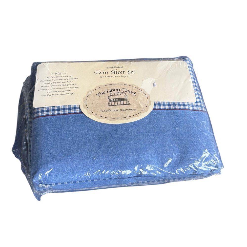 The Linen Closet Embellished Twin Sheet Set Blue Plaid Cottage Core Gingham